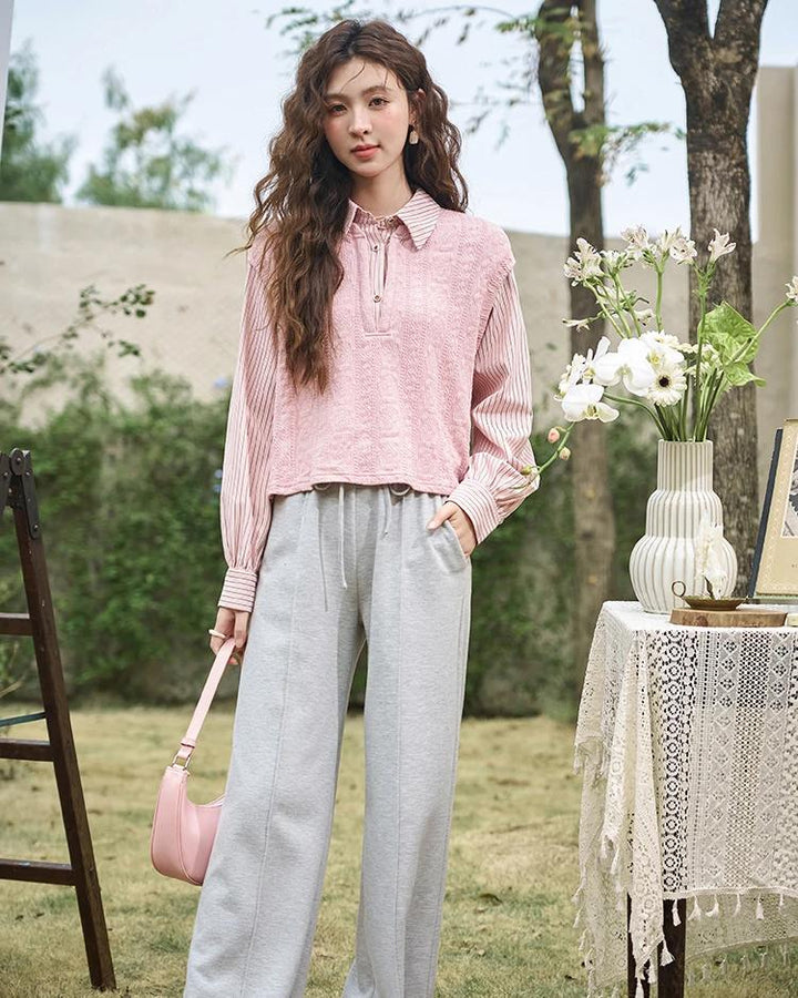 High-Waisted Wide Leg Casual Pants with Lace-Up Waist