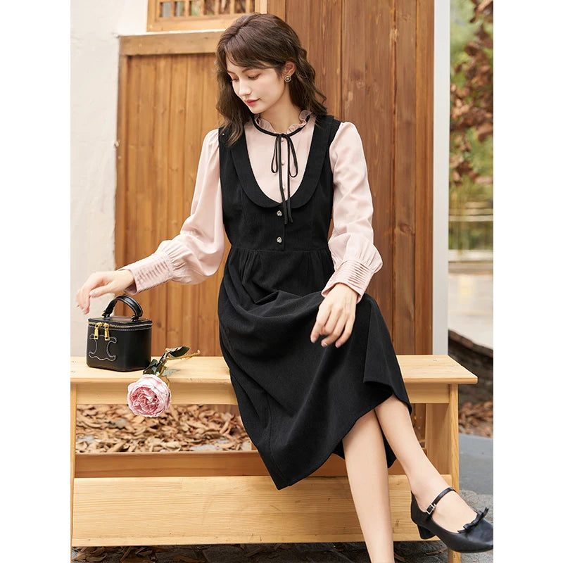 Elegant French Vintage A-Line Strap Dress for Autumn