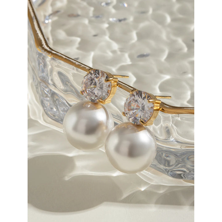 Gold Plated Stainless Steel Vintage Pearl & Zircon Earrings