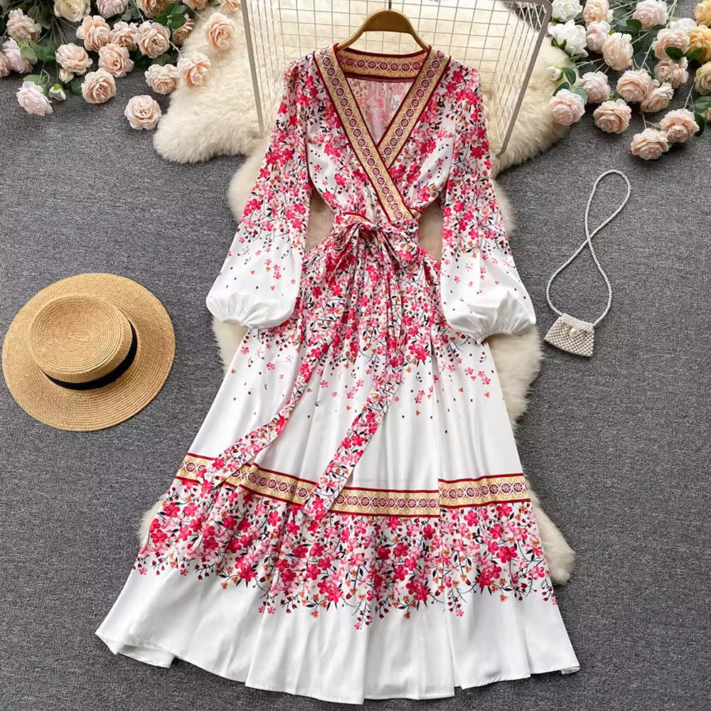 Fashion Long Sleeve Printed Bohemian Mid-length Dress