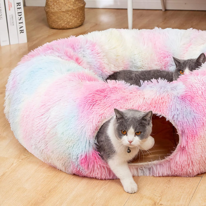 Cozy Cat Tunnel Bed with Plush Cushion – Multifunctional Foldable Nest for Indoor Cats