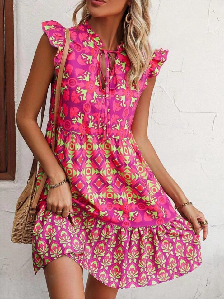 Printed Sleeveless Dress Summer Fashion V-Neck Lace-up Straight Dresses For Womens Clothing