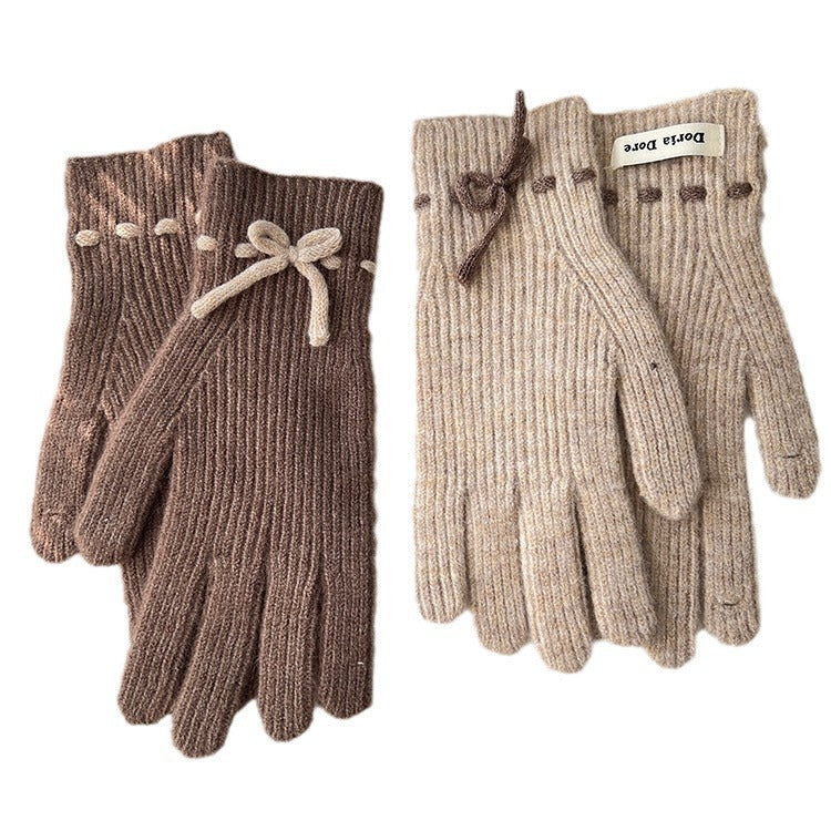 Autumn And Winter New Bow Pure Color Warm Keeping Finger Gloves