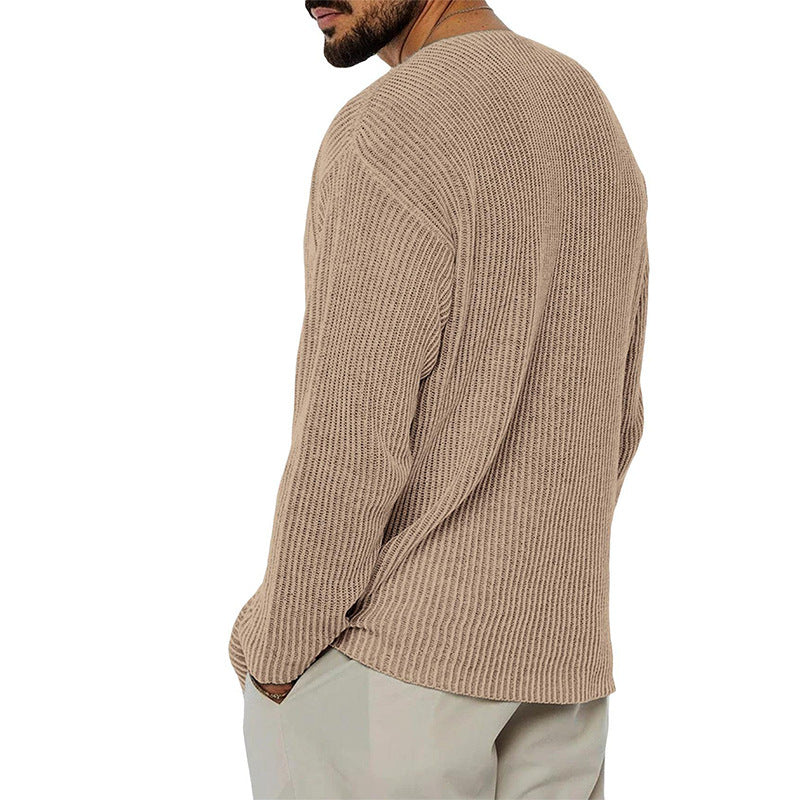 European And American V-neck Sweater Men's Solid Color Long Sleeve Fashionable Knitted Sweater