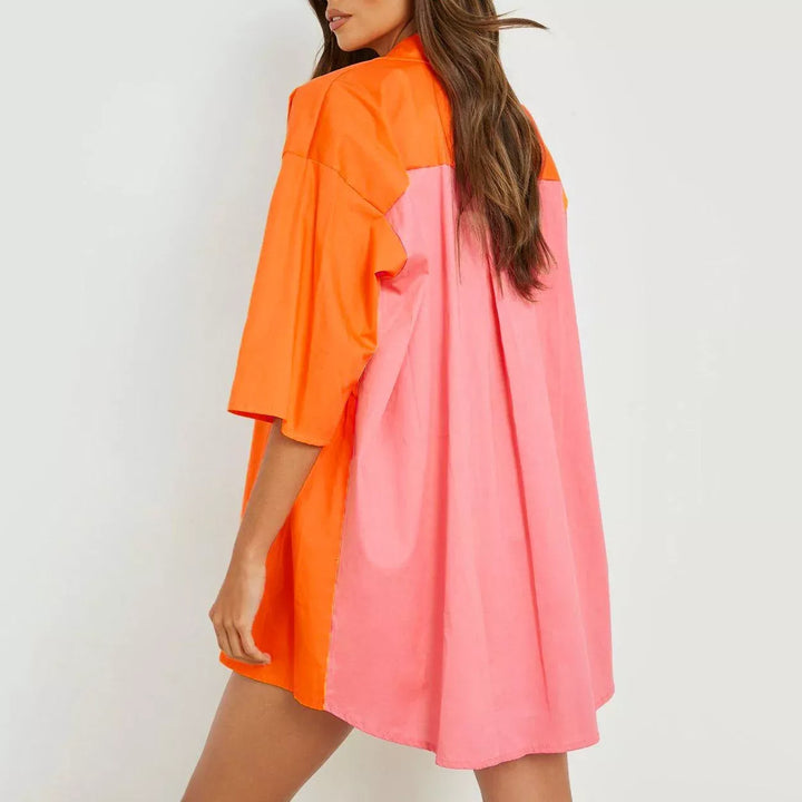 Summer Spliced Cotton Two-Piece Set: Oversized Shirt and Wide-Leg Shorts
