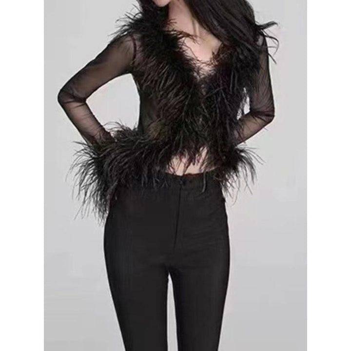 Women's Deep V-Neck Lacing Strap Cardigan with Feather Sleeves