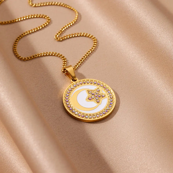 Gold Moon Pendant Necklace with Cubic Zirconia – Trendy Stainless Steel Jewelry