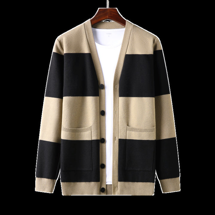 Spring And Autumn New Men's Striped Cardigan Single-breasted Long Sleeve Color Matching Casual Sweater Coat