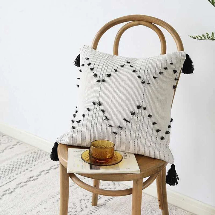 White and Black Geometric Cushion Cover with Tassels