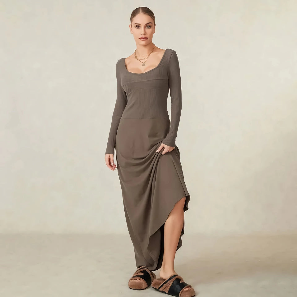 Elegant Autumn Women Knit Long Dress with Square Neck