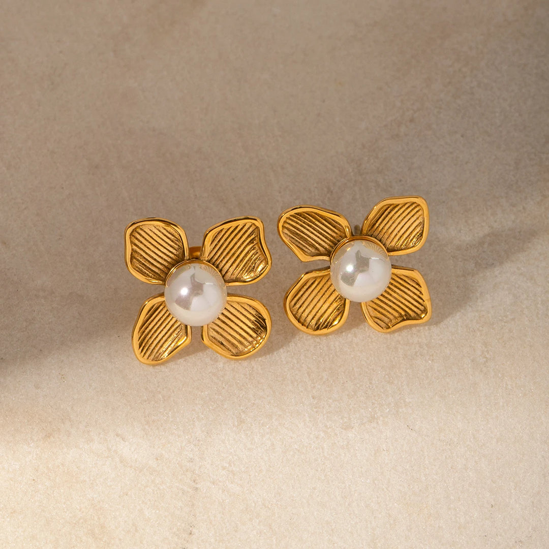 18K Gold Plated Stainless Steel Flower Earrings with Shell Beads