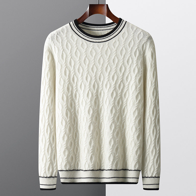 Fall Winter Men Jacquard Colorblock Sweater Round Neck Thickened