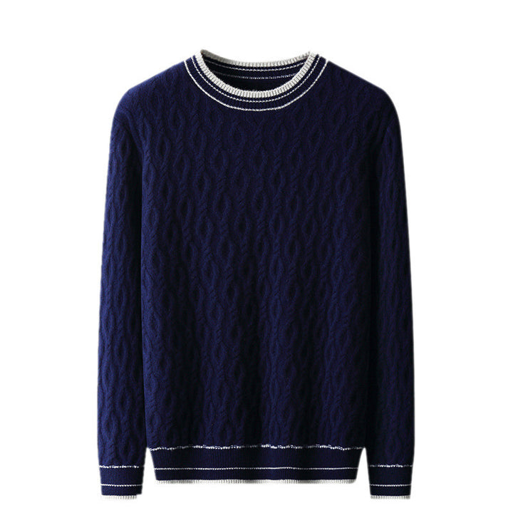 Fall Winter Men Jacquard Colorblock Sweater Round Neck Thickened