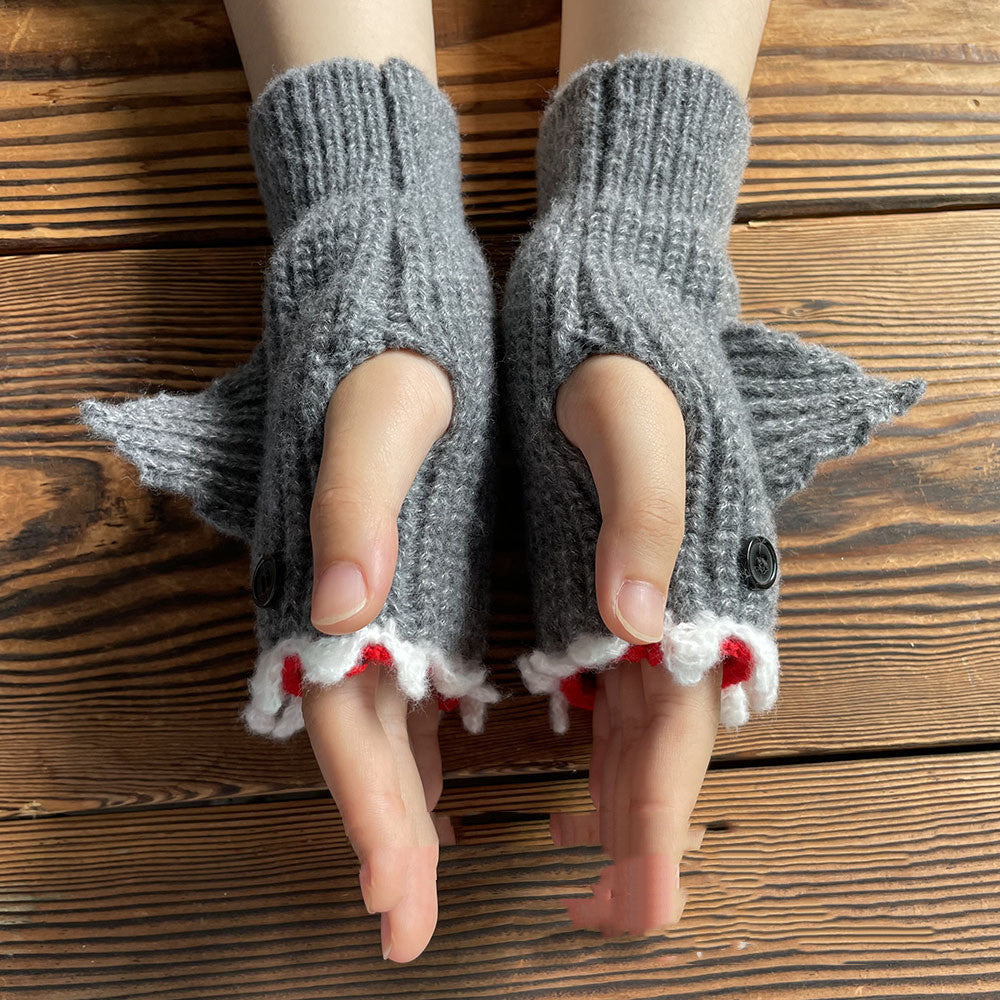 New Cartoon Grey Shark Warm Half Finger Knitted Gloves