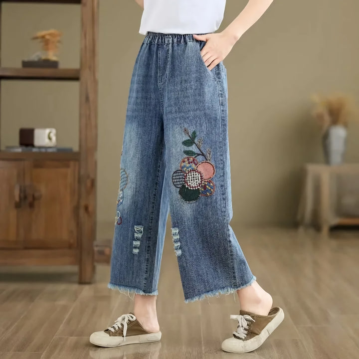 Floral Embroidered Vintage Jeans for Women