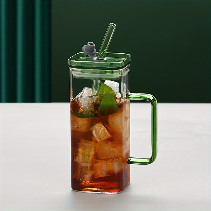 Square Glass Drinkware with Handle and Straw