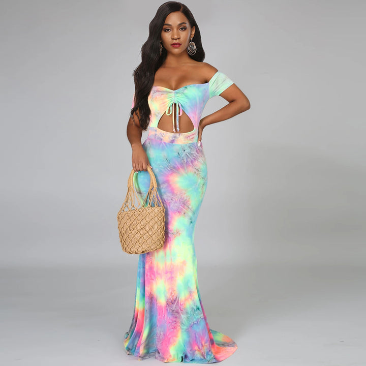 European And American Off-shoulder Navel Tie-dyed Dress