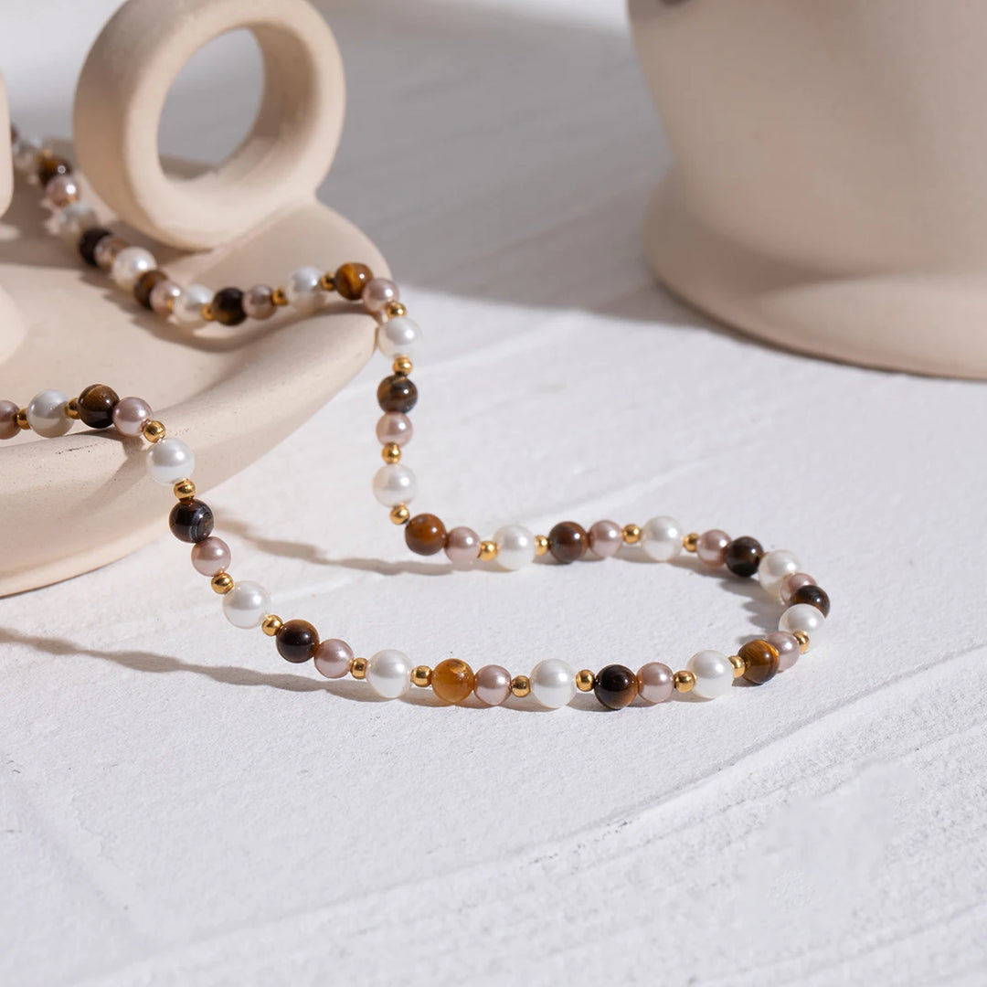 18K Gold Plated Tiger Eye & Imitation Shell Bead Necklace