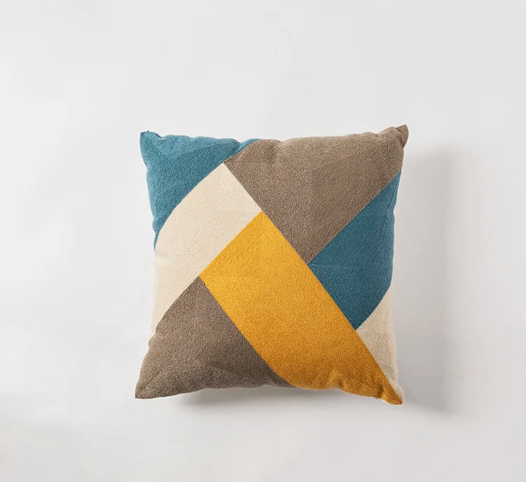 45x45in Geometric Embroidered Cotton Cushion Cover - Blue, Yellow, Grey Abstract Design