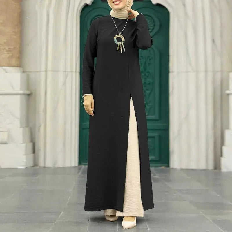 Muslim Women's Wear Ice Silk Wrinkle Long Sleeve High Slit Hem Dress