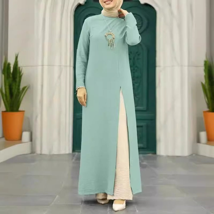 Muslim Women's Wear Ice Silk Wrinkle Long Sleeve High Slit Hem Dress