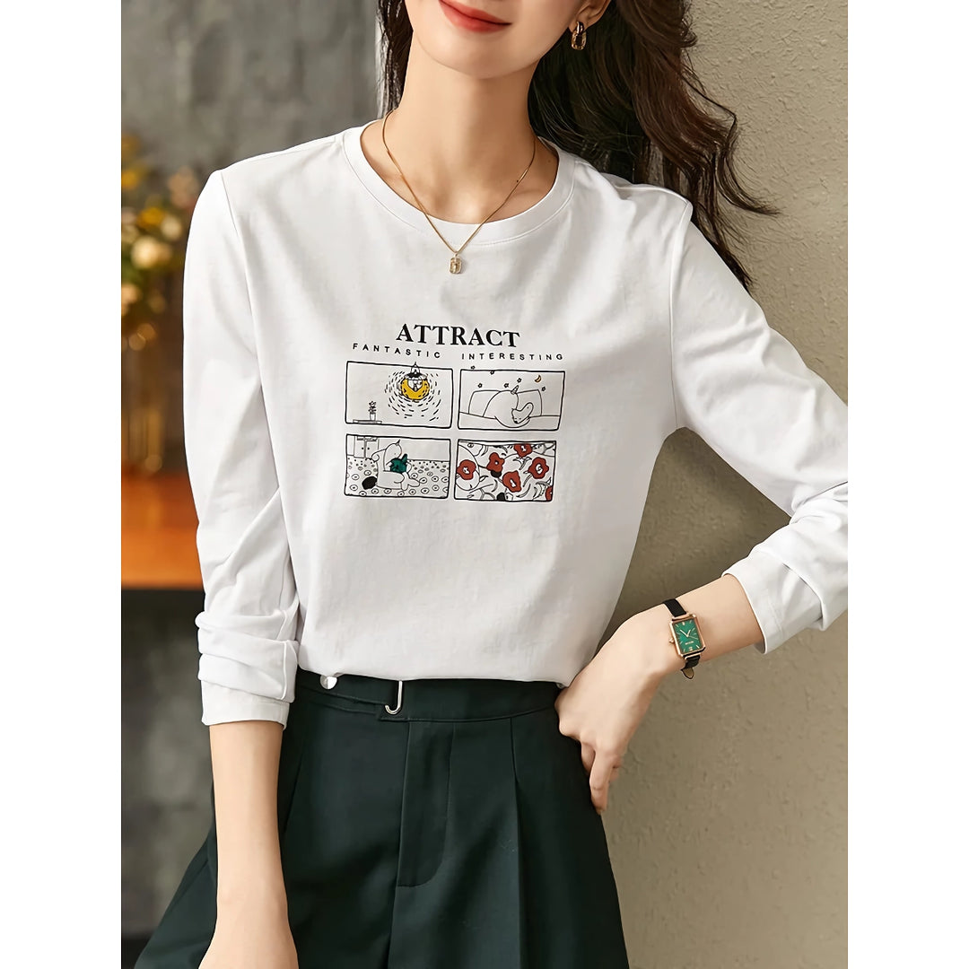 Cotton Cartoon Printed O-Neck Women’s Autumn Pullover