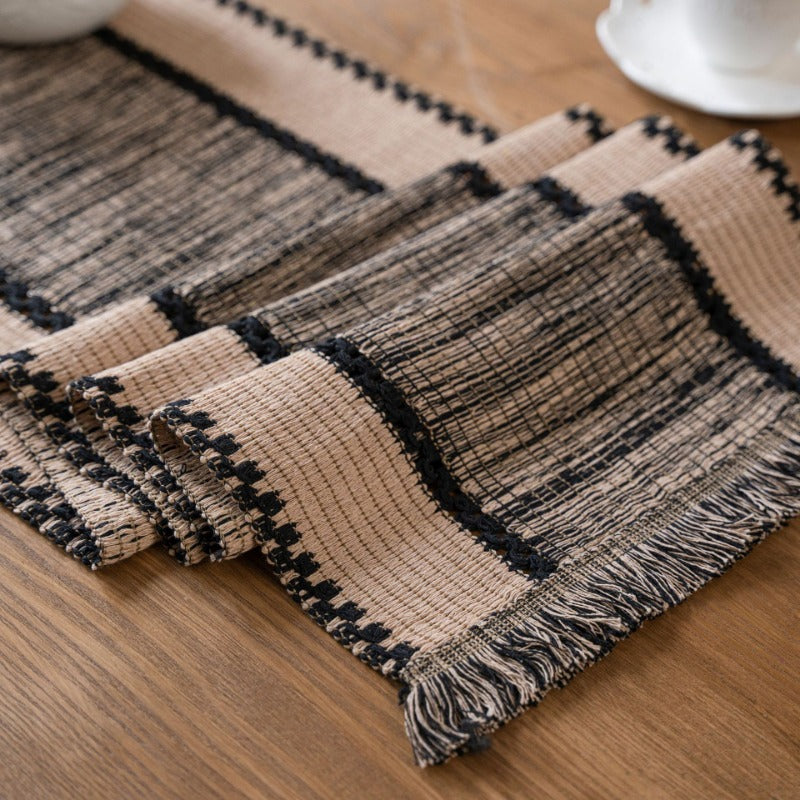 Woven Cotton-Linen Table Runner with Color Contrast Stitching and Tassels