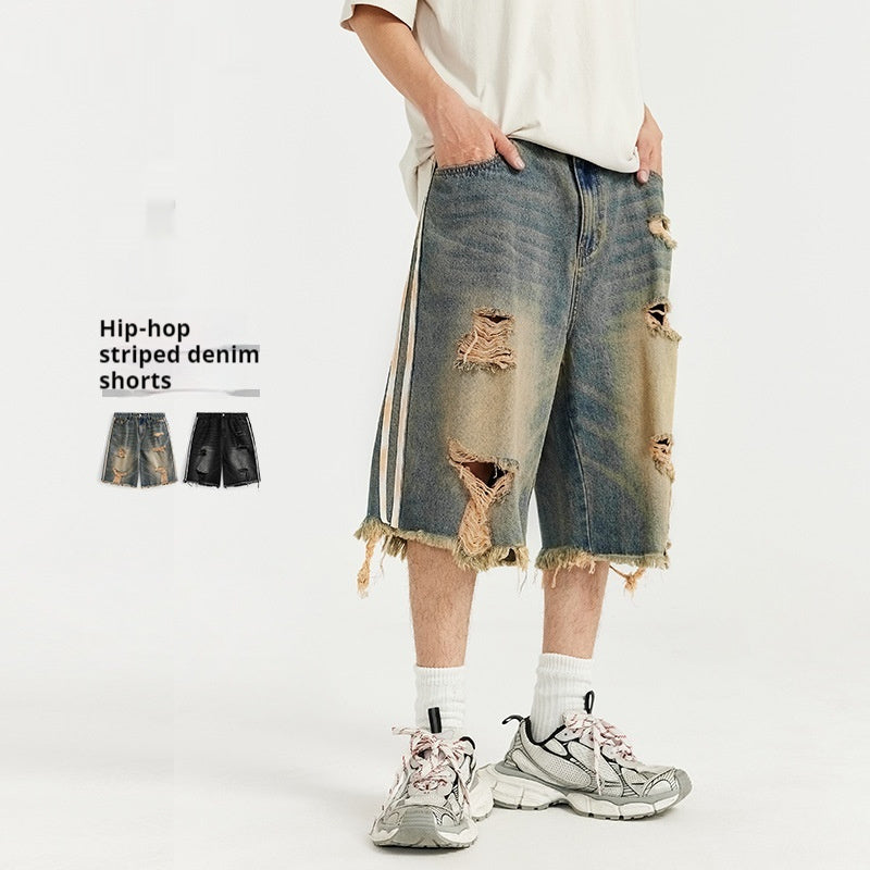 Summer Men's Hip Hop Side Stripe Ripped Denim Shorts