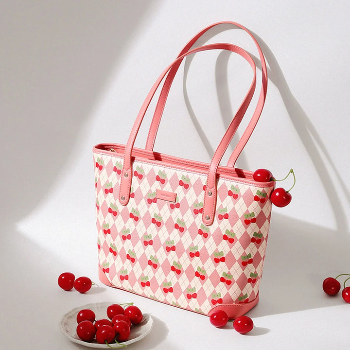 Large Capacity Cherry Print PVC Tote Bag