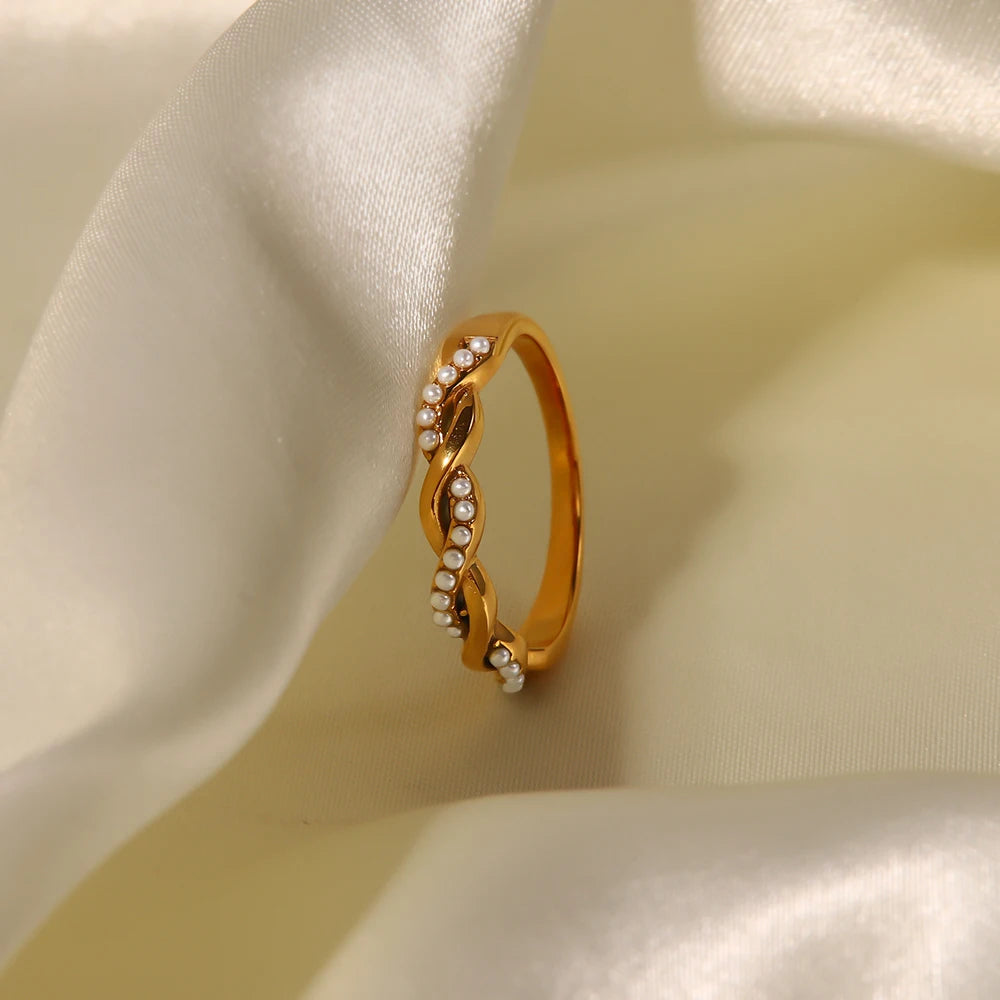 Dainty Twisted Pearl 18K Gold Plated Stainless Steel Stacking Ring