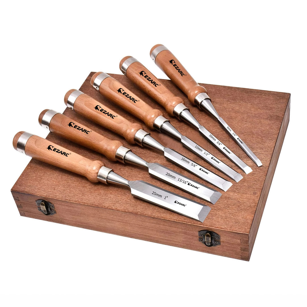 6-Piece Wood Chisel Set with Premium Wooden Case for Woodworking Craftsmen