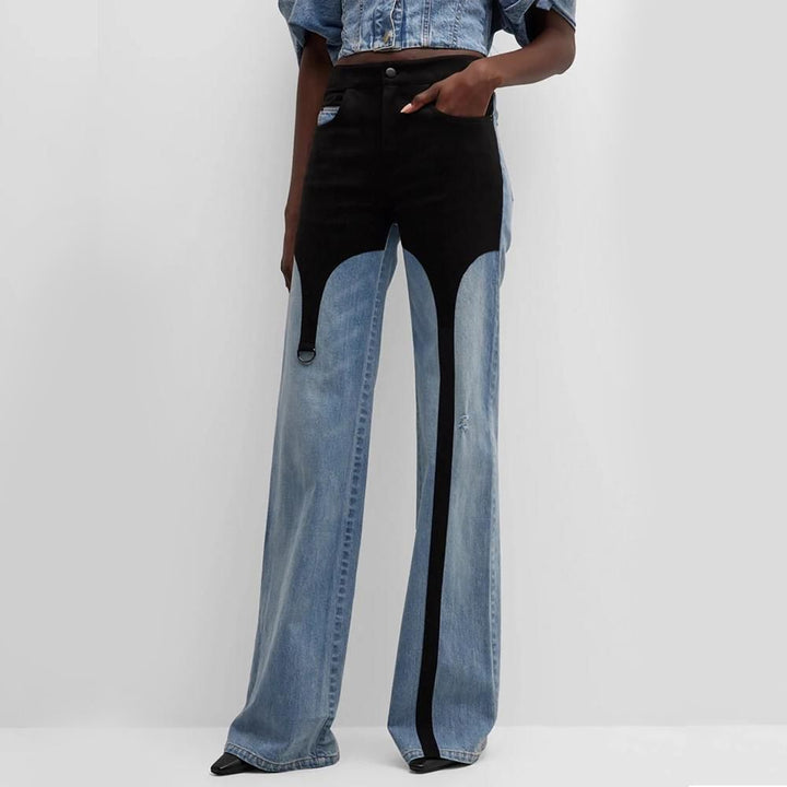 High Waist Contrast Stitch Wide-Leg Jeans for Women