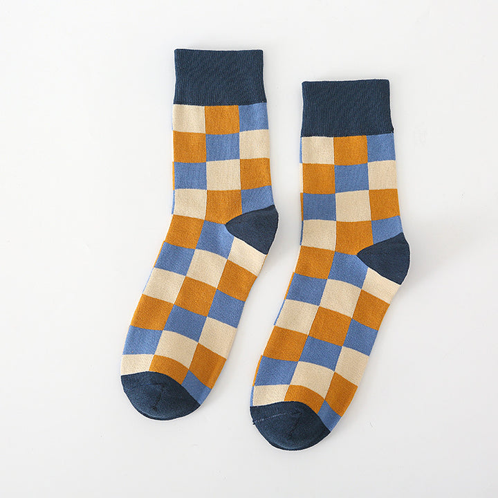 Autumn Winter English Style Pure Cotton Men's Plaid Socks