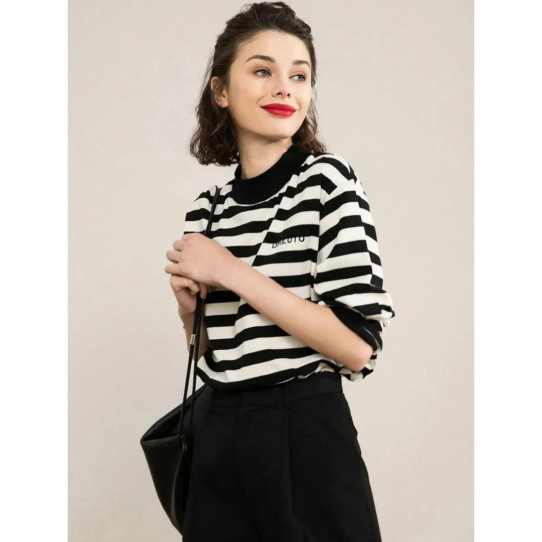 Half High Collar Stripe Long Sleeve T-Shirt