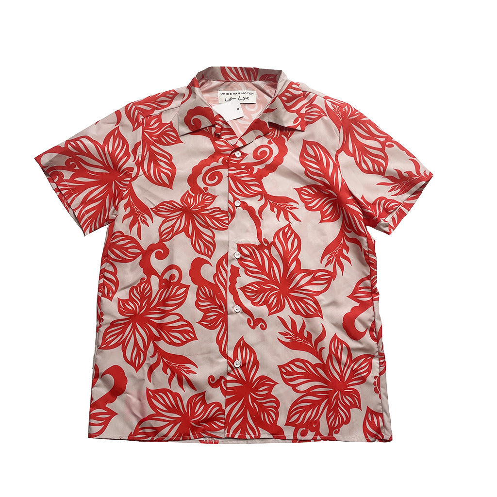 American-style Retro Red Vine Printed Short-sleeved Shirt For Men