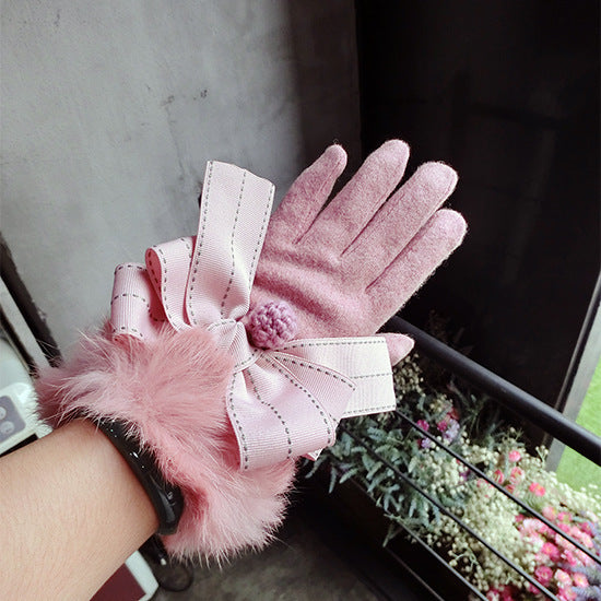 Cute Warm Gloves With Bow Fur Ball