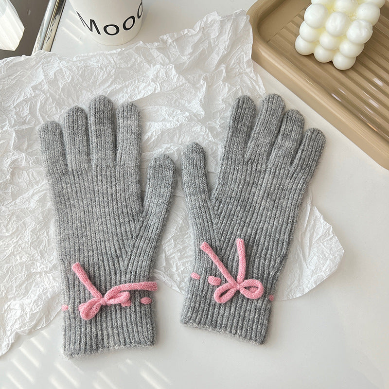 Autumn And Winter New Bow Pure Color Warm Keeping Finger Gloves