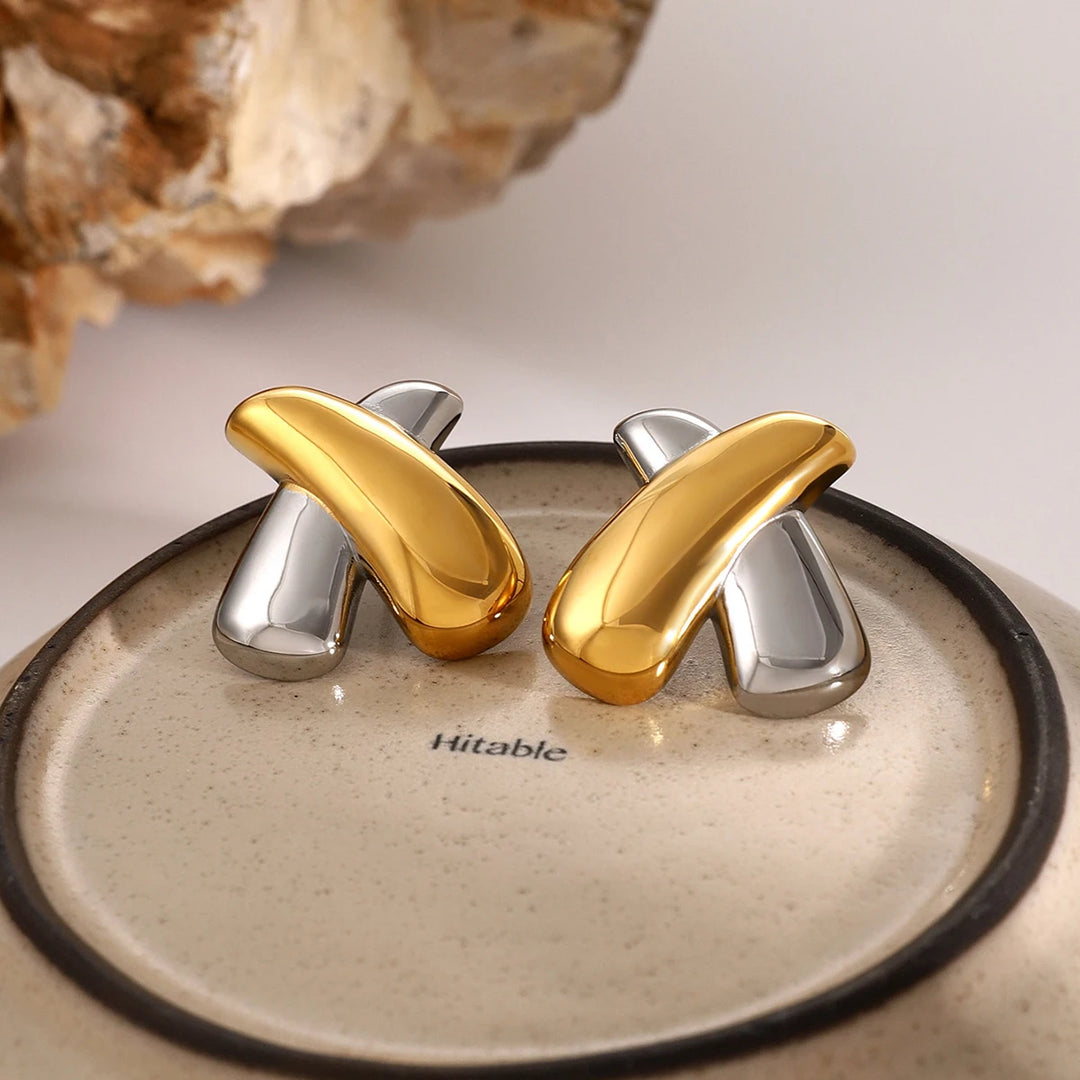 18K Gold PVD Plated Chubby X Shaped Stainless Steel Stud Earrings