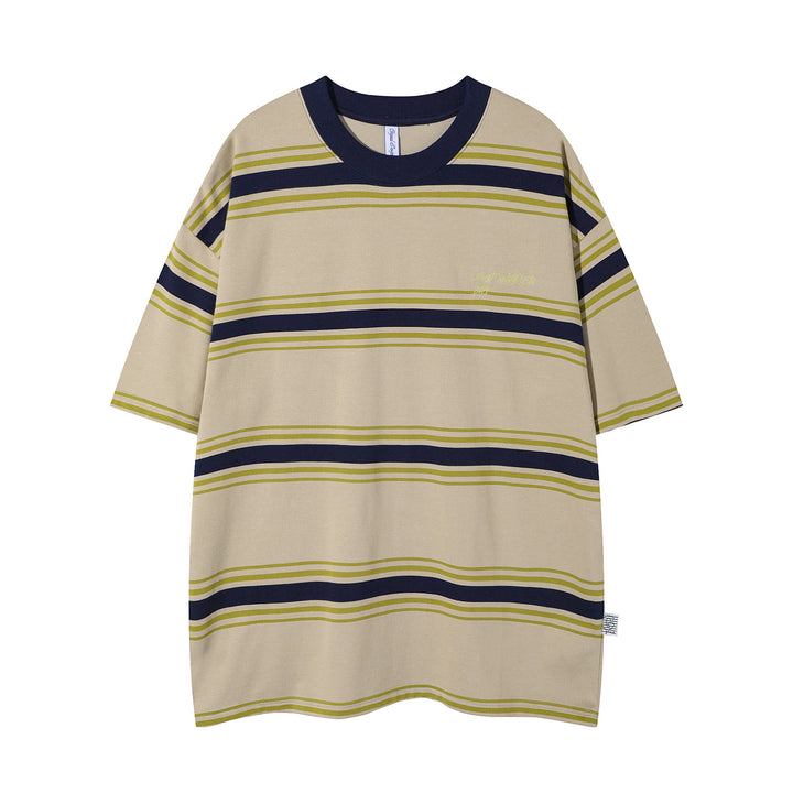 Vintage Stripe Round Neck T-shirt Men's Loose Preppy Style Couple All-match Fashion Half Sleeve Shirt