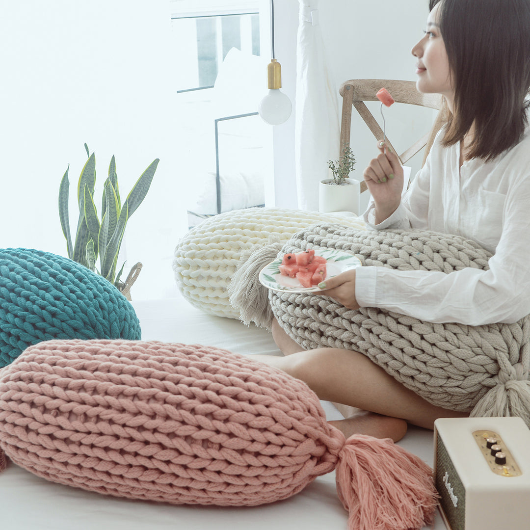 Cute Candy Shape Chunky Knit Pillow with Kawaii Tassel Design