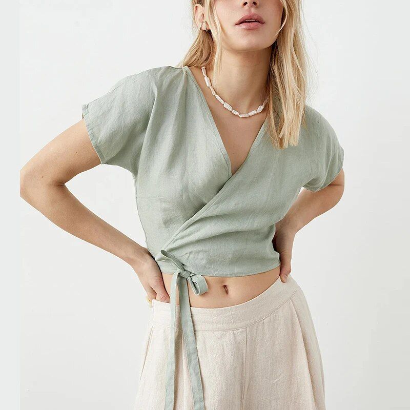 Summer Cotton Linen V-Neck T-Shirt for Women