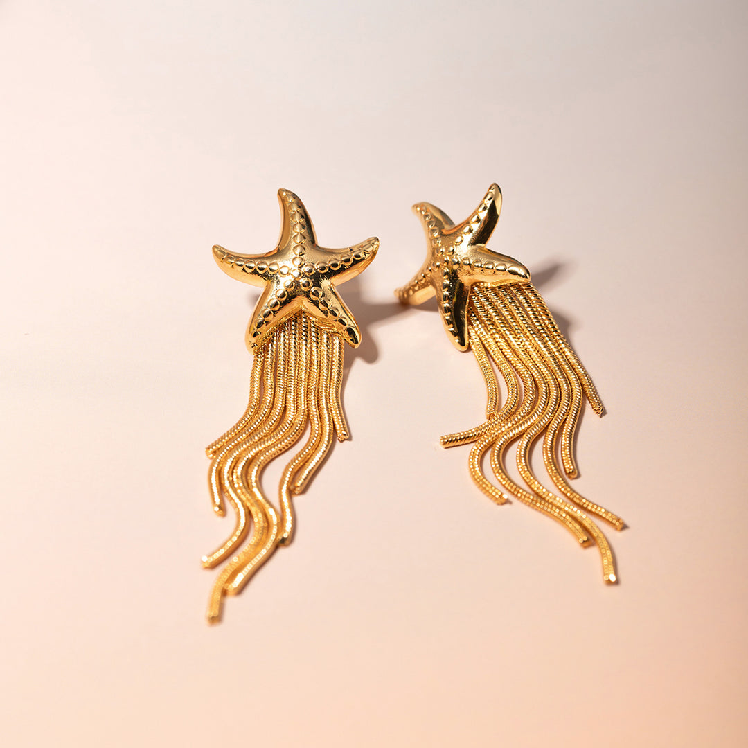 18K Gold Plated Stainless Steel Starfish Tassel Dangle Earrings