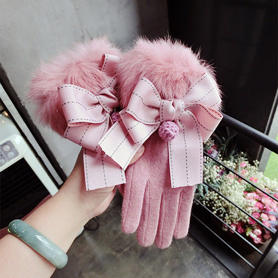 Cute Warm Gloves With Bow Fur Ball