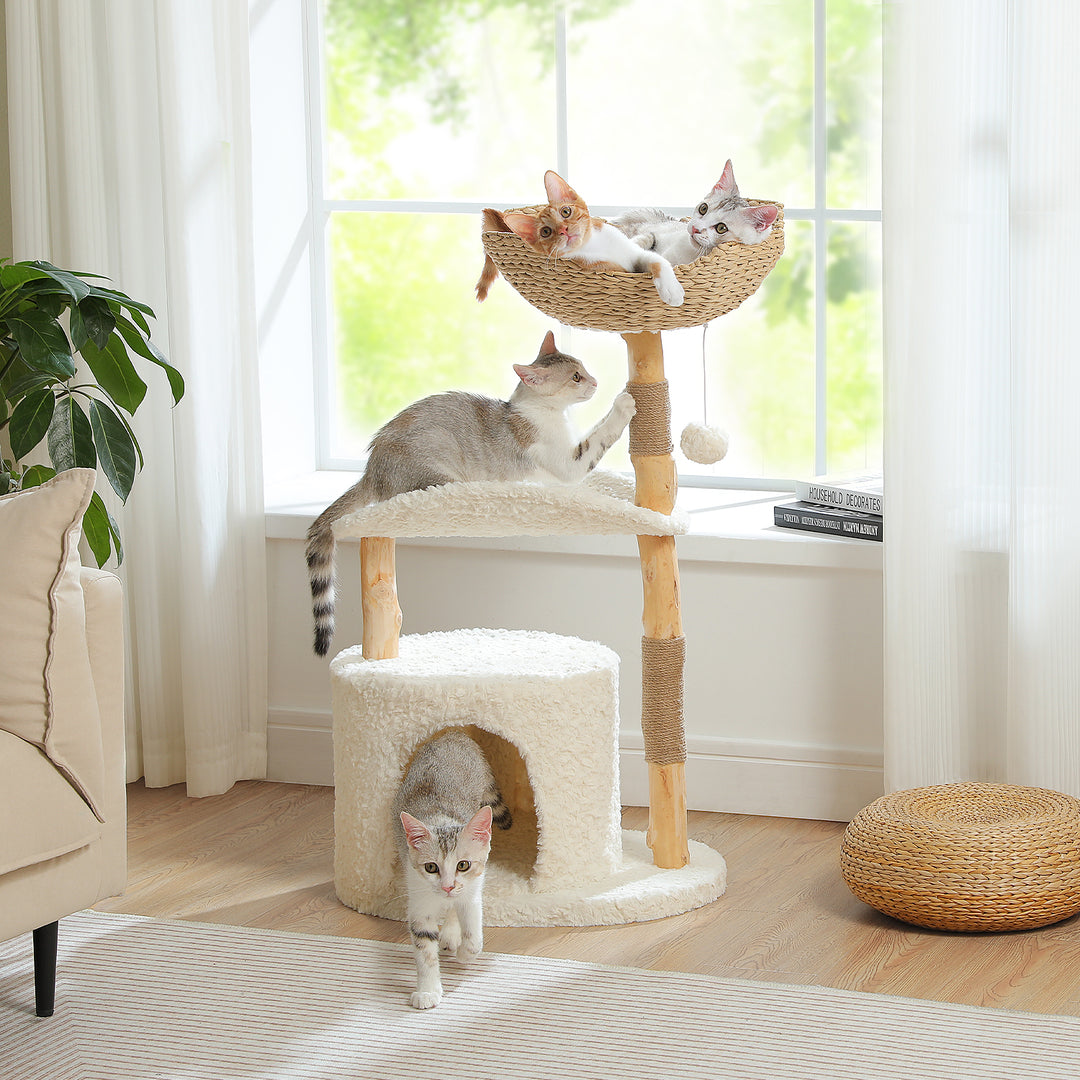 Modern Cat Tree with Woven Basket, Hammock & Solid Wood Scratching Post for Large Indoor Cats