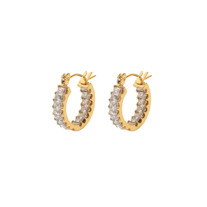 Trendy Waterproof Gold Stainless Steel Hoop Earrings with Cubic Zirconia