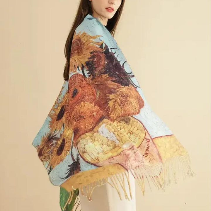 Sunflower Print Cashmere Shawl - Luxury Van Gogh Inspired Pashmina Wrap