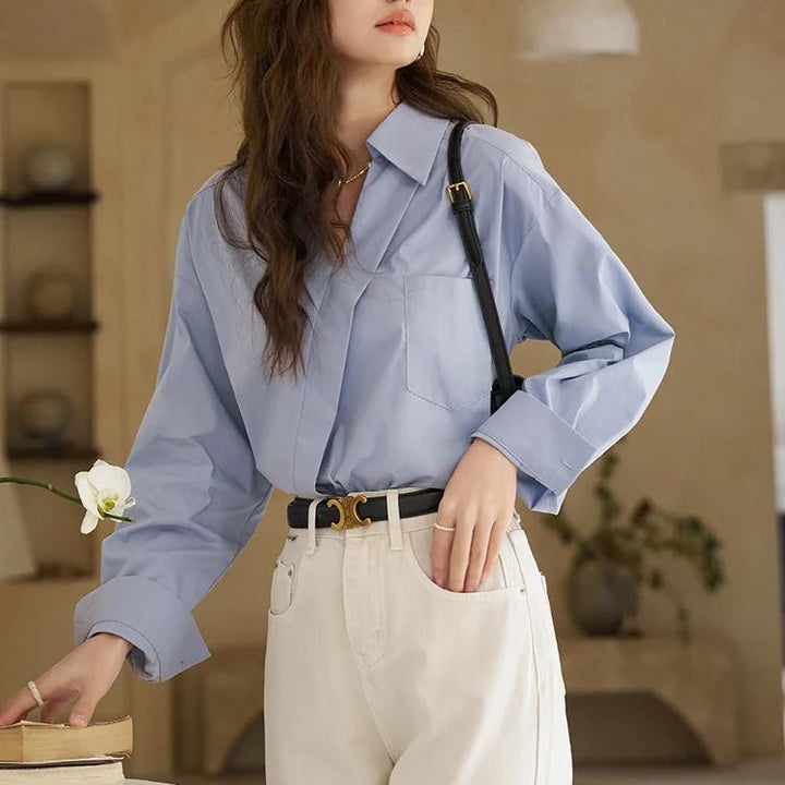 French Retro Turn-down Collar V Neck Long Sleeve Shirt for Women