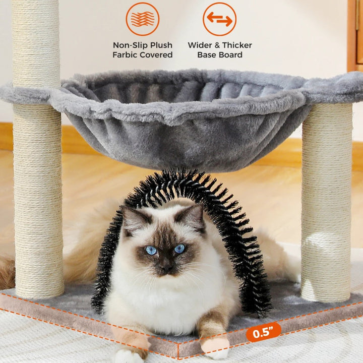 Compact Cat Tree Tower with Hammock, Scratching Post, and Plush Basket