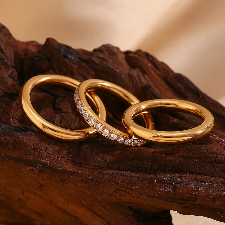 Zircon Three-Piece Hypoallergenic Gold-Plated Stainless Steel Ring Set