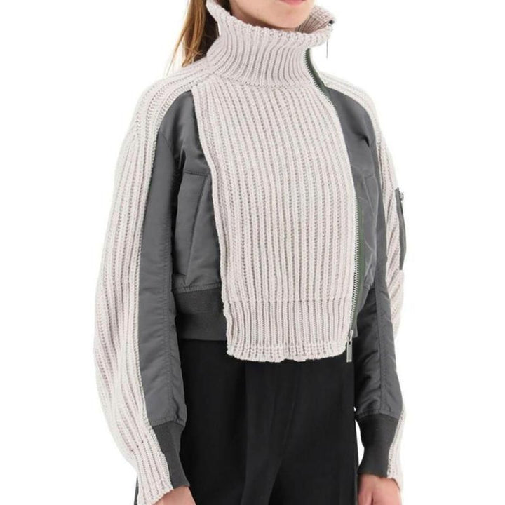 Trendy Rib Knit Women's Winter Jacket with Stand Collar and Zipper Detail